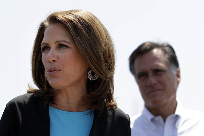 Rep. Michele Bachmann introduces Mitt Romney at a campaign stop in Portsmouth, Va., May 3, 2012. (AP/Jae C. Hong)