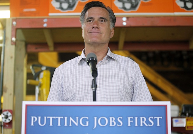 Republican presidential candidate, former Massachusetts Gov. Mitt Romney speaks about job numbers, Friday, July 6, 2012, at Bradley's Hardware in Wolfeboro, N.H. (AP Photo/Charles Dharapak)