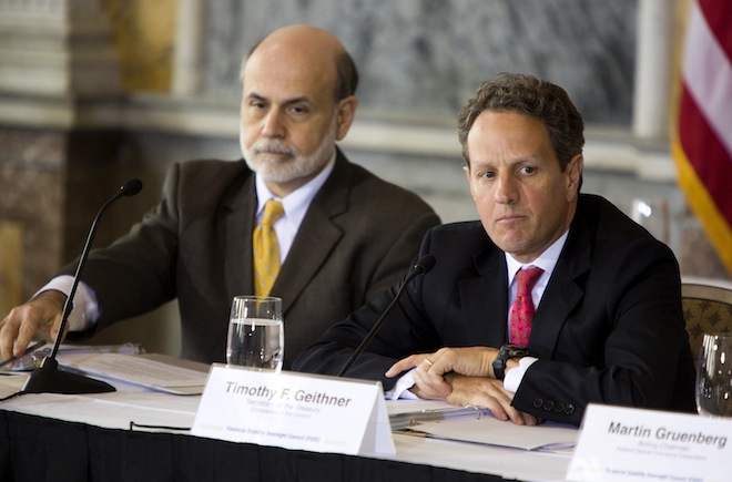 Timothy Geithner (right) and Ben Bernanke attend a meeting of the Financial Stability Oversight Council in Washington in April. (Reuters/Joshua roberts)