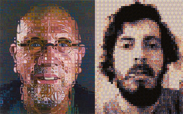 Chuck Close’s self-portrait (date unknown) (vIa neurobonkers.com) and Scott Blake’s self-portrait using his Chuck Close filter (via the artist)