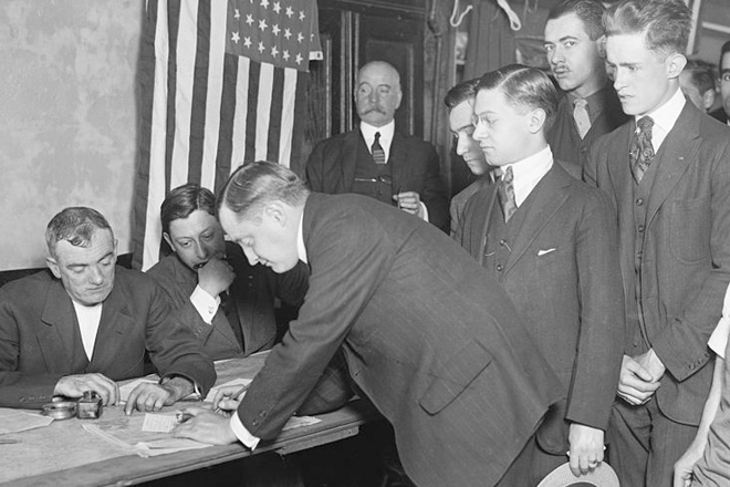 Young men registering for military conscription in New York City on June 5, 1917. (Library of Congress)