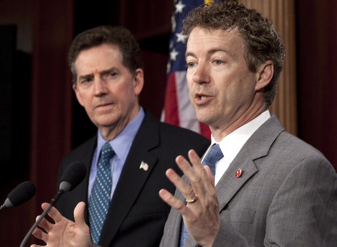 In a March 17, 2011 file photo, Sen. Rand Paul, R-Ky. speak at a news conference on the budget on Capitol Hill in Washington, as Sen. Jim DeMint, R-S.C., left, listens. (AP/Harry Hamburg)