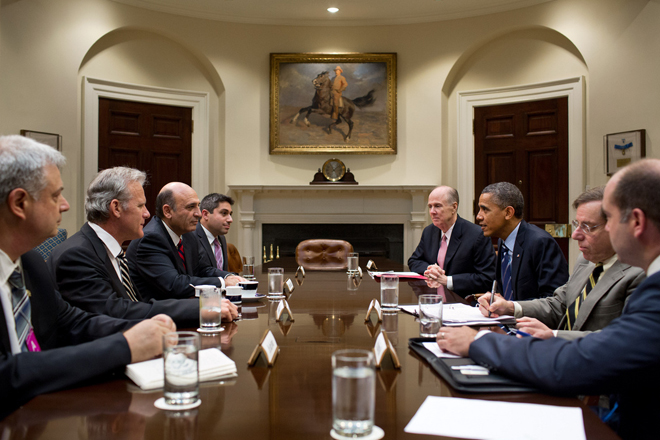President Obama drops by a meeting in the Roosevelt Room of the White House, June 21, 2012. (The White House/Pete Souza)