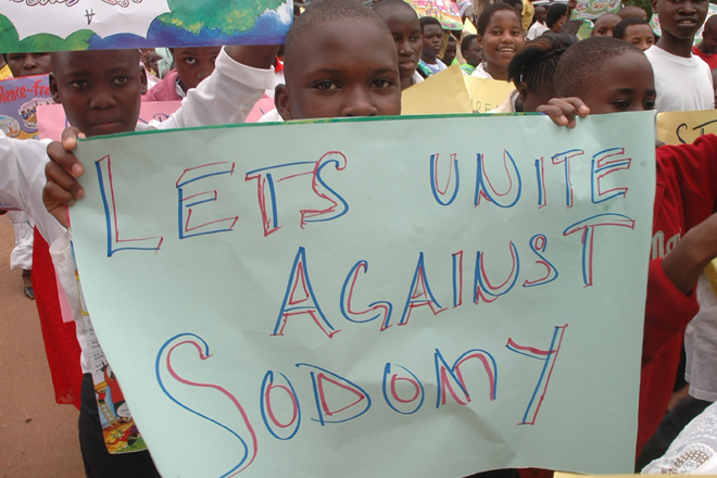 Ugandan children demonstrating against homosexuality in the capital city of Kampala. (AP/Stephen Wandera)