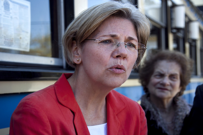 Senate candidate Elizabeth Warren faces reporters during a campaign stop at a diner in Shrewsbury, Mass., April 29, 2012. (AP/Steven Senne)