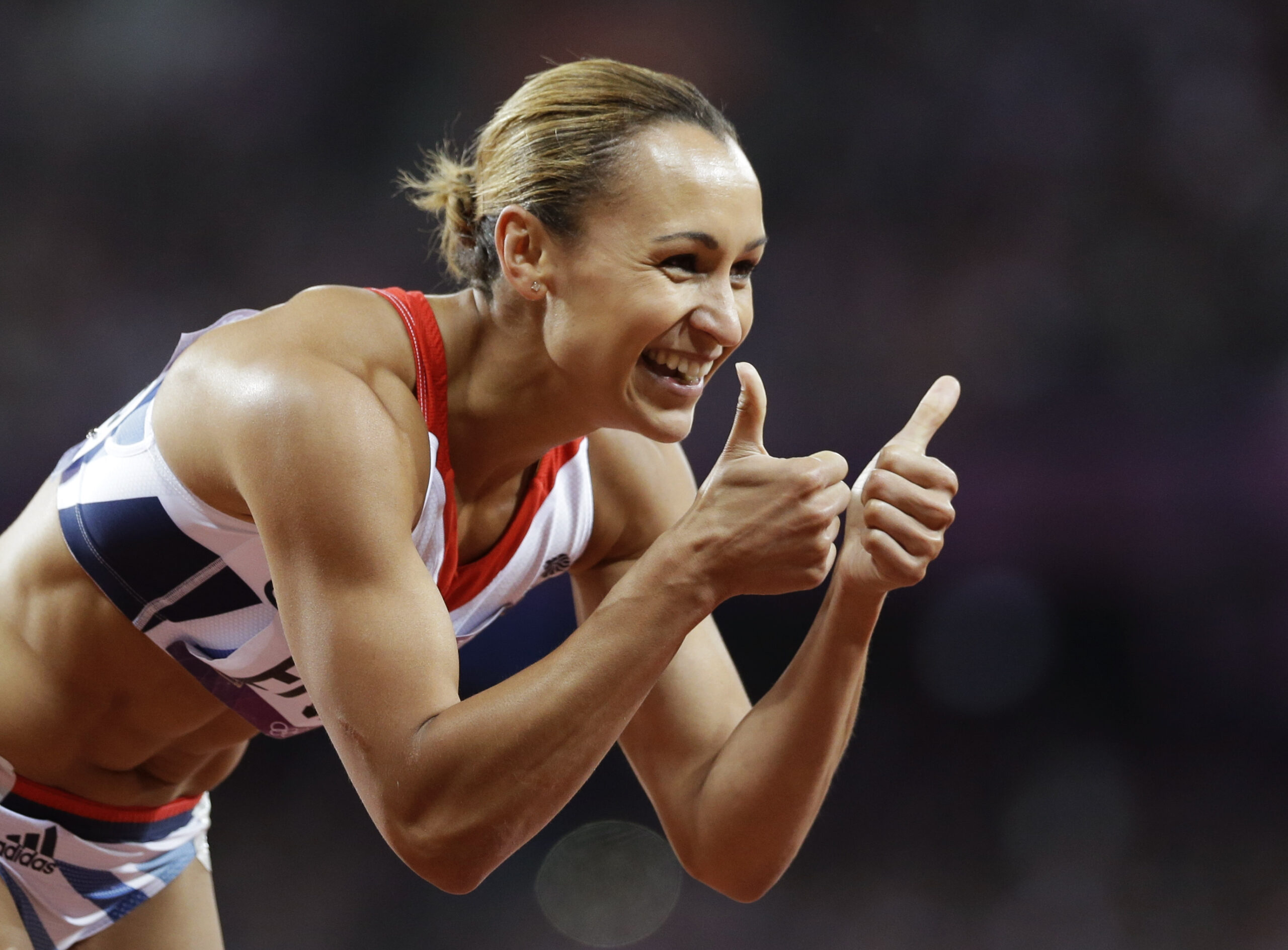 Britain's Jessica Ennis reacts after competing in a 200-meter heptathlon during the athletics in the Olympic Stadium (AP/Anja Niedringhaus)
