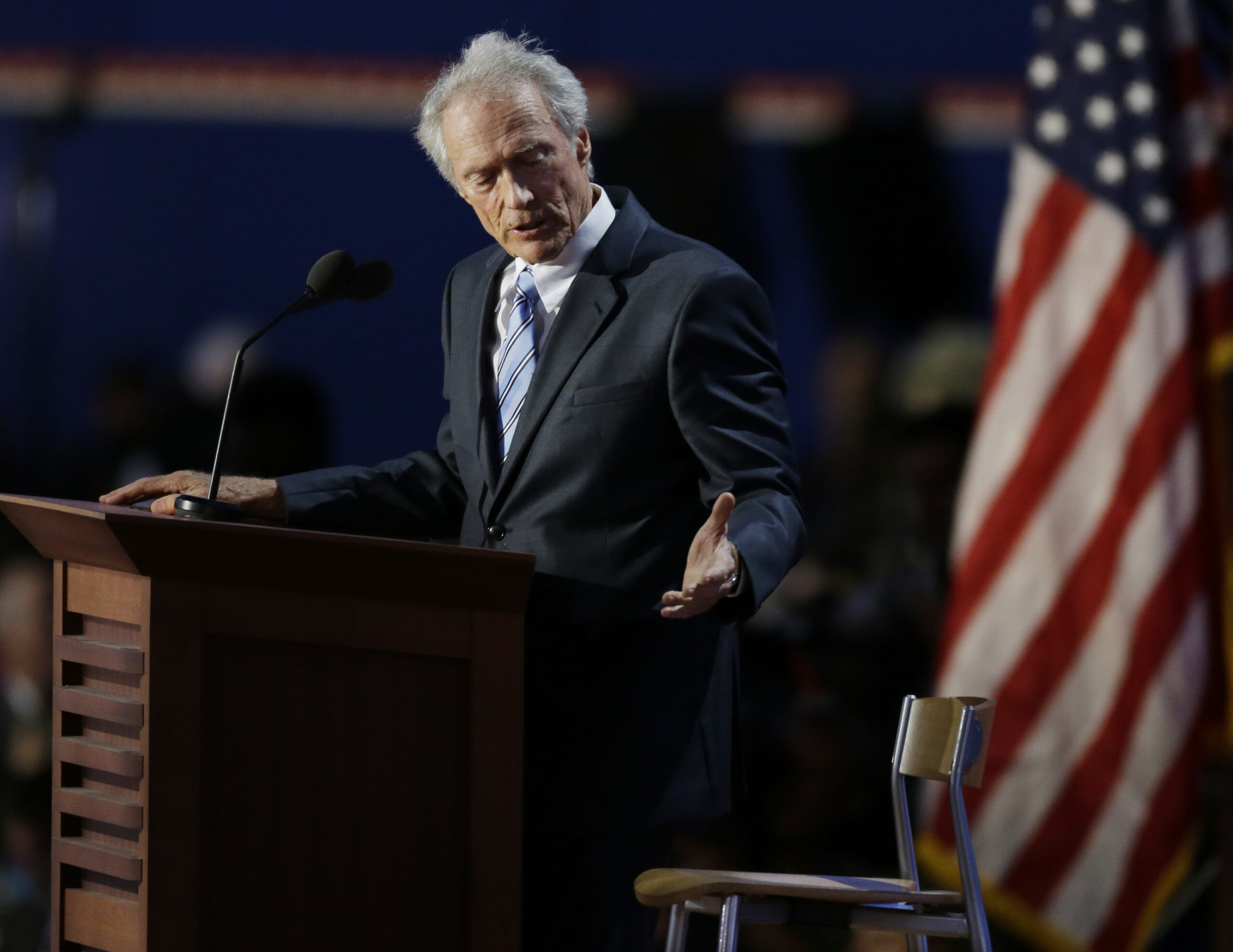 Actor Clint Eastwood speaks to an empty chair while addressed delegates during the Republican National Convention in Tampa, Fla., on Thursday, Aug. 30, 2012. (AP Photo/Lynne Sladky) (Lynne Sladky)
