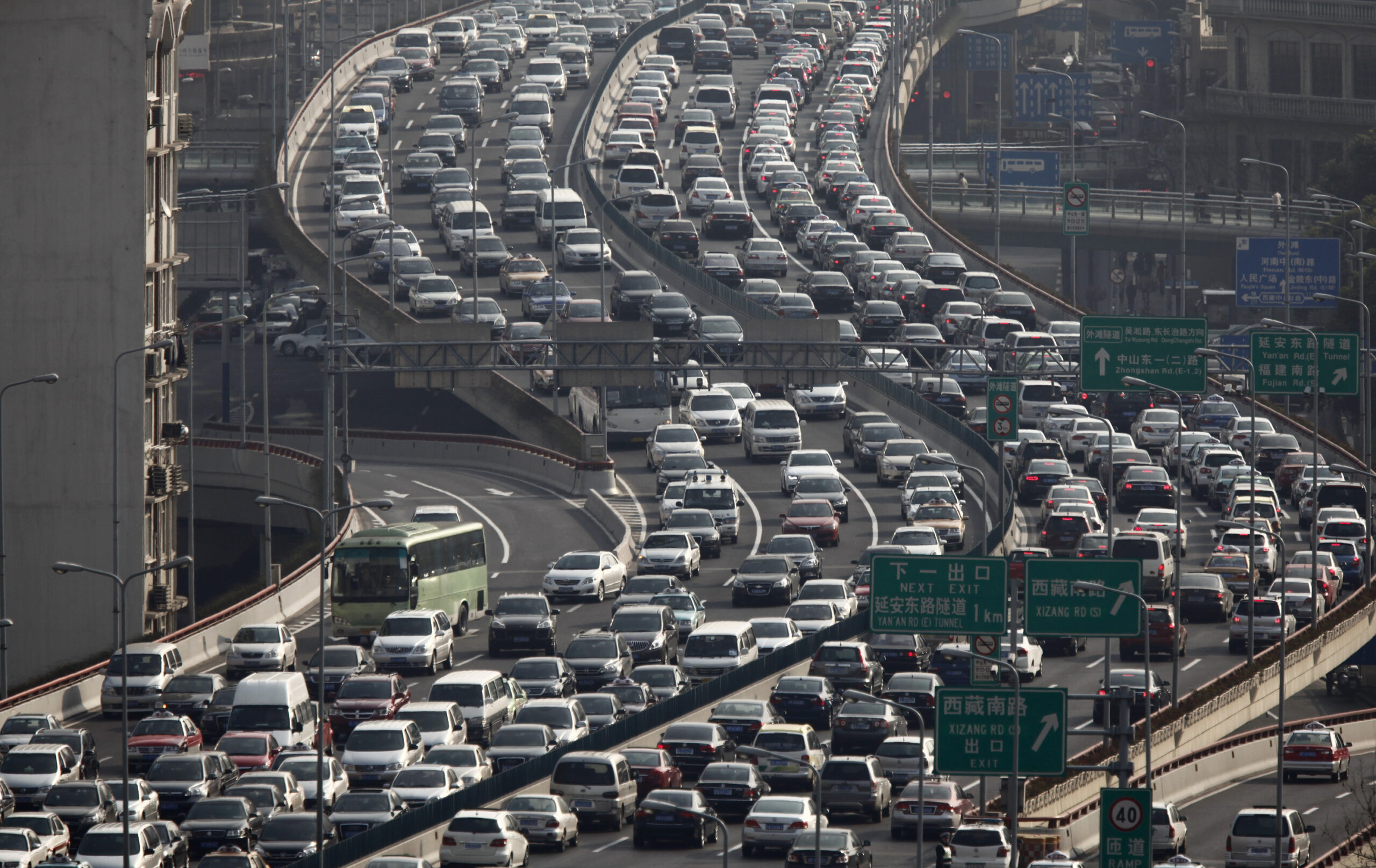 Heavy traffic on a highway during the morning rush hours in Shanghai (Carlos Barria/Reuters)