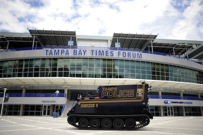 A Tampa police armored vehicle is parked outside The Tampa Bay Times Forum in downtown Tampa, Florida August 3, 2012.  The Republican National Convention will be held at the Forum from August 27 to August 30, 2012. (Reuters/Brian Blanco)