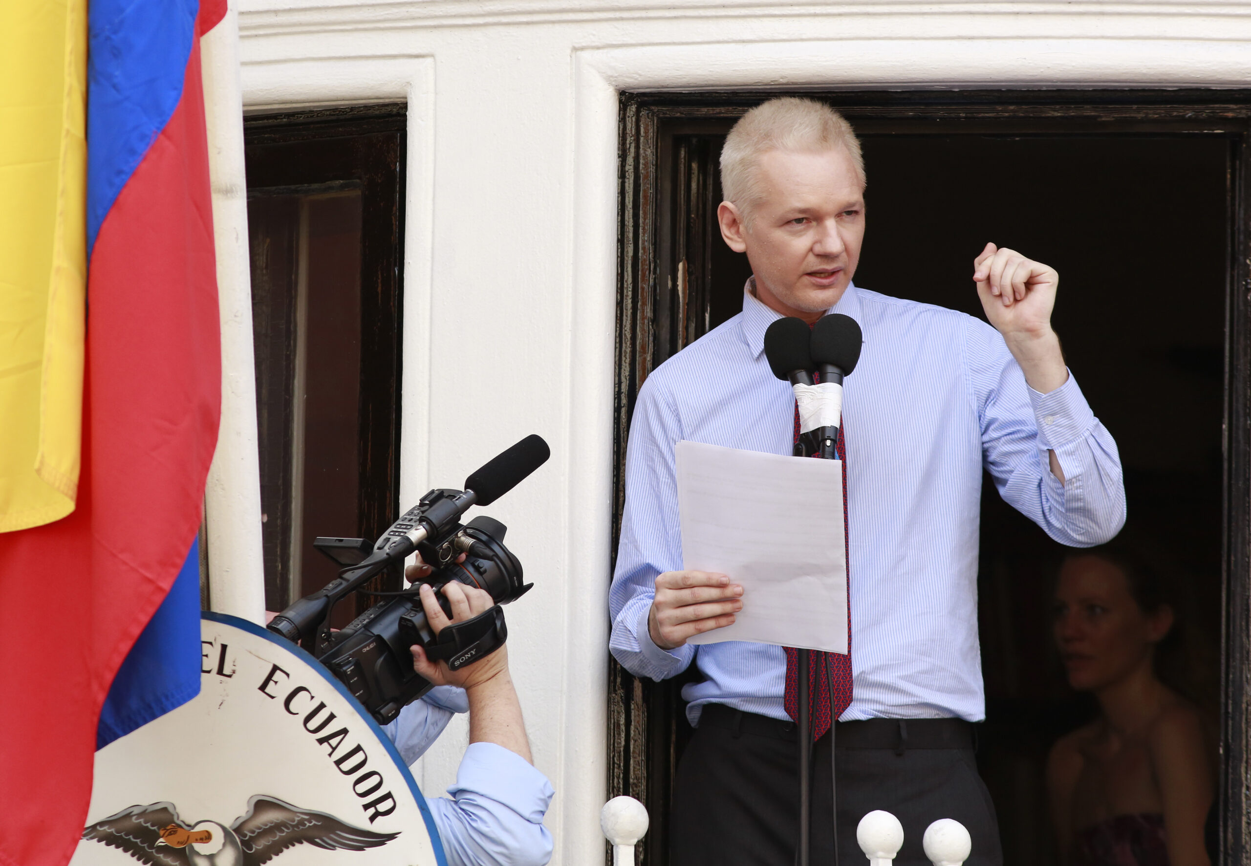 Assange used the balcony of Ecuador's London embassy on Sunday to berate the United States for threatening freedom of expression. (Olivia Harris/Reuters)