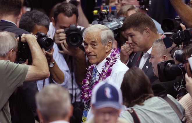 Former Republican presidential candidate, Representative Ron Paul (R-Tx), greets convention goers as he walks the floor before the start of the second session of the 2012 Republican National Convention in Tampa, Florida, August 28, 2012. (Reuters/Jason Reed)