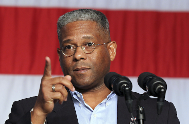 Allen West speaks at a rally for employees from Pratt & Whitney and Sikorsky in West Palm Beach, Fla. (REUTERS/Robert Sullivan)
