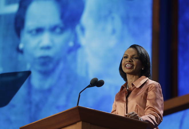 Former Secretary of State Condoleezza Rice addresses the Republican National Convention in Tampa, Fla., on Wednesday, Aug. 29, 2012. (AP Photo/Charles Dharapak)