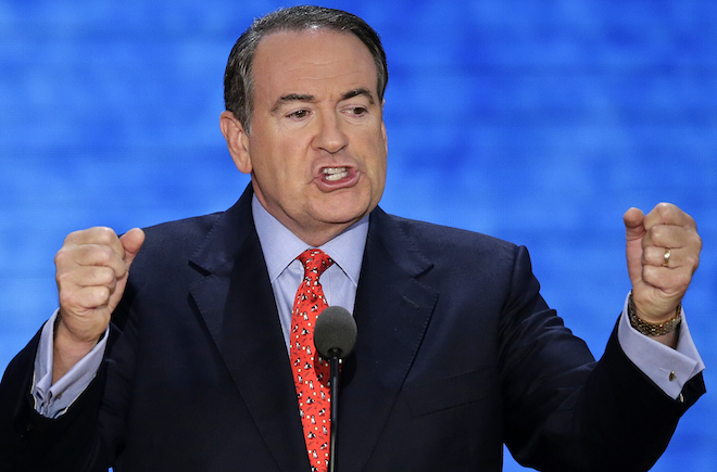Former governor of Arkansas Mike Huckabee addresses the Republican National Convention in Tampa, Fla., on Wednesday, Aug. 29, 2012. (AP Photo/J. Scott Applewhite)