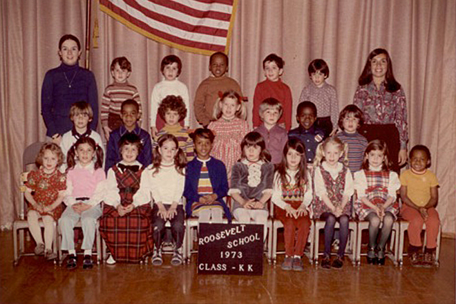 A photo of the author's mother, far right, with her students.