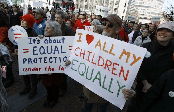 Supporters turn out for a gay-rights rally the day before election day in Portland, Maine, on Monday, Nov. 2, 2009. (AP Photo/Pat Wellenbach)