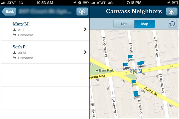 Screenshots taken from two different searches of the Obama for America app, which displays the names and addresses of nearby Democratic voters.