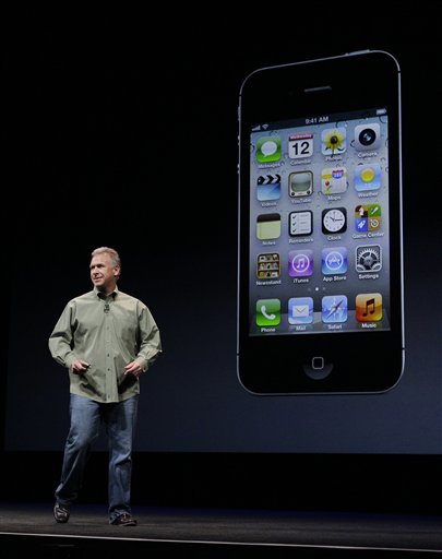 Phil Schiller, Apple's senior vice president of worldwide marketing, speaks on stage during an introduction of the new iPhone 5 at an Apple event in San Francisco, Wednesday Sept. 12, 2012. (AP Photo/Eric Risberg) (Associated Press)