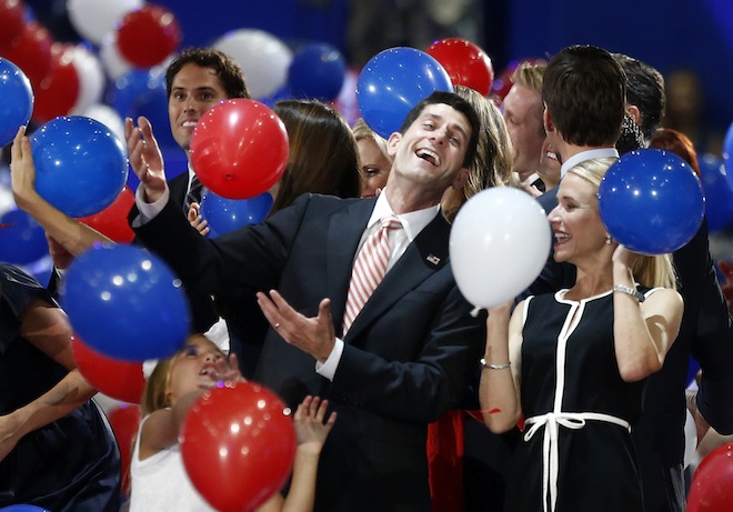 Paul Ryan and his wife, Janna, celebrate during the final session of the Republican National Convention in Tampa, Fla., Aug. 30. (Reuters/Jason Reed)