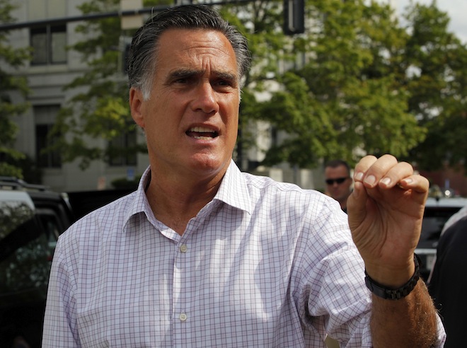 Republican presidential candidate and former Massachusetts Governor Mitt Romney talks to reporters after a brief meeting with a group of veterans in Concord, N.H., September 6, 2012. (Reuters/Brian Snyder)
