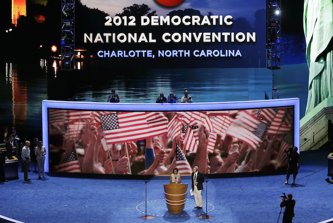 First Lady Michelle Obama performs a sound check on the main stage for the Democratic National Convention in Charlotte, N.C., on Monday, Sept. 3, 2012. (AP Photo/Lynne Sladky)