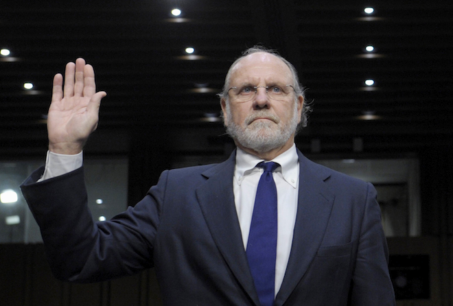 Former MF Global Holdings Ltd. Chairman and CEO Jon Corzine is sworn in on Capitol Hill in Washington, Tuesday, Dec. 13, 2011, prior to testifying before the Senate Agriculture Committee hearing to examine MF Global bankruptcy. (AP/Susan Walsh)