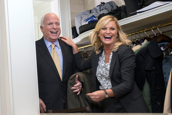 John McCain and Amy Poehler filming an episode of "Parks and Recreation"
