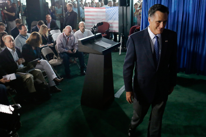 Mitt Romney leaves the podium after making comments on the killing of U.S. embassy officials in Benghazi, Libya, Wednesday, Sept. 12, 2012. (AP/Charles Dharapak)