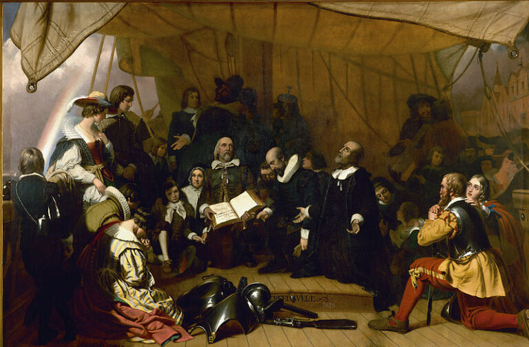 Depiction of Protestant pilgrims preparing to leave for the New World