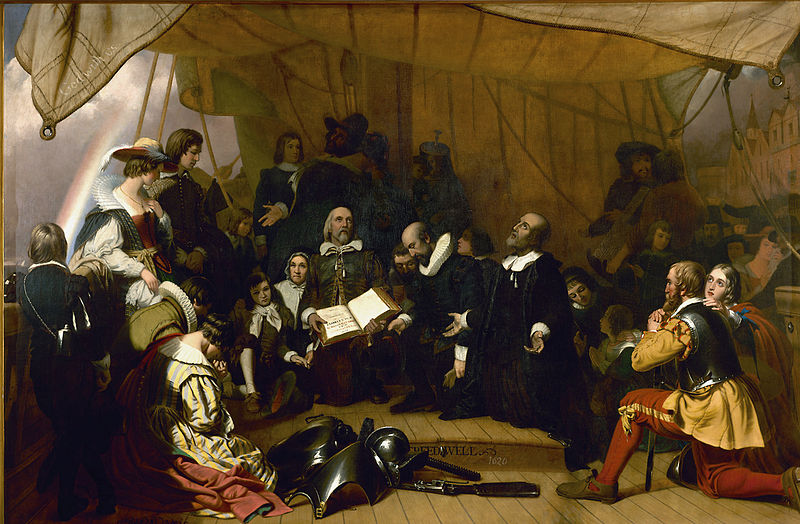 Depiction of Protestant pilgrims preparing to leave for the New World
