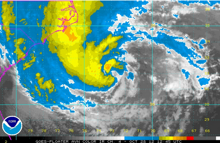 Satellite image of Hurricane Sandy as of early Sunday morning (NOAA)
