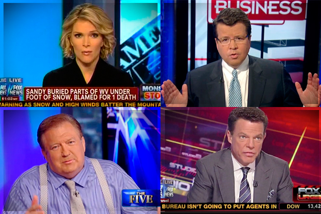 Clockwise from top left: Megyn Kelly, Neil Cavuto, Shep Smith, Bob Beckel
