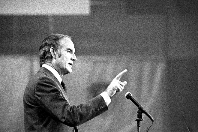 Sen. George McGovern accepts the Democratic presidential nomination at the closing session of the Democratic National Convention in Miami Beach, Fla., in this July 14, 1972 file photo. (AP/Ray Stubblebine)