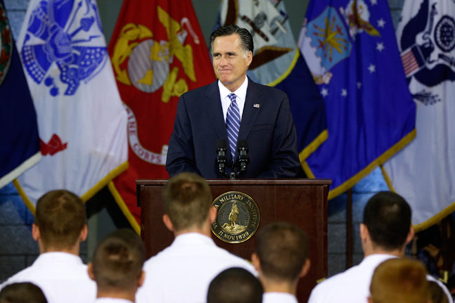 Mitt Romney delivers a foreign policy speech at Virginia Military Institute in Lexington, Va., on Monday. (AP/Charles Dharapak)