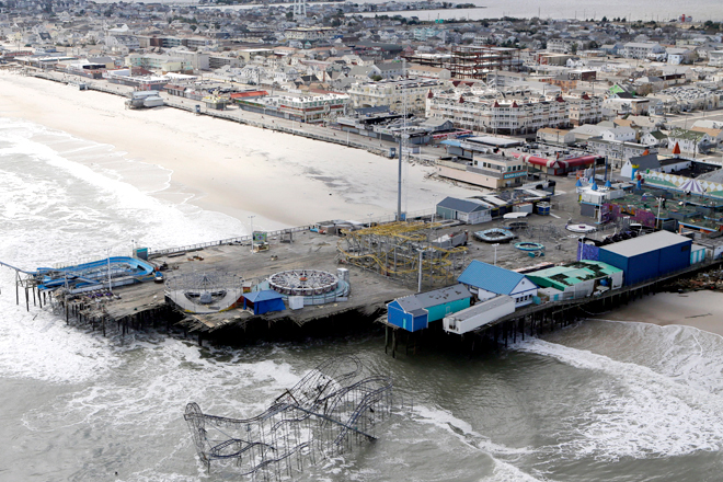 This aerial photo shows the damage to an amusement park left in the wake of superstorm Sandy on Wednesday, Oct. 31, 2012, in Seaside Heights, N.J. (AP/Mike Groll)