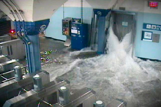 In this photo provided by the Port Authority of New York and New Jersey a surveillance camera captures the PATH station in Hoboken, N.J., as it is flooded shortly before 9:30 p.m. EDT on Monday, Oct. 29, 2012. (AP)