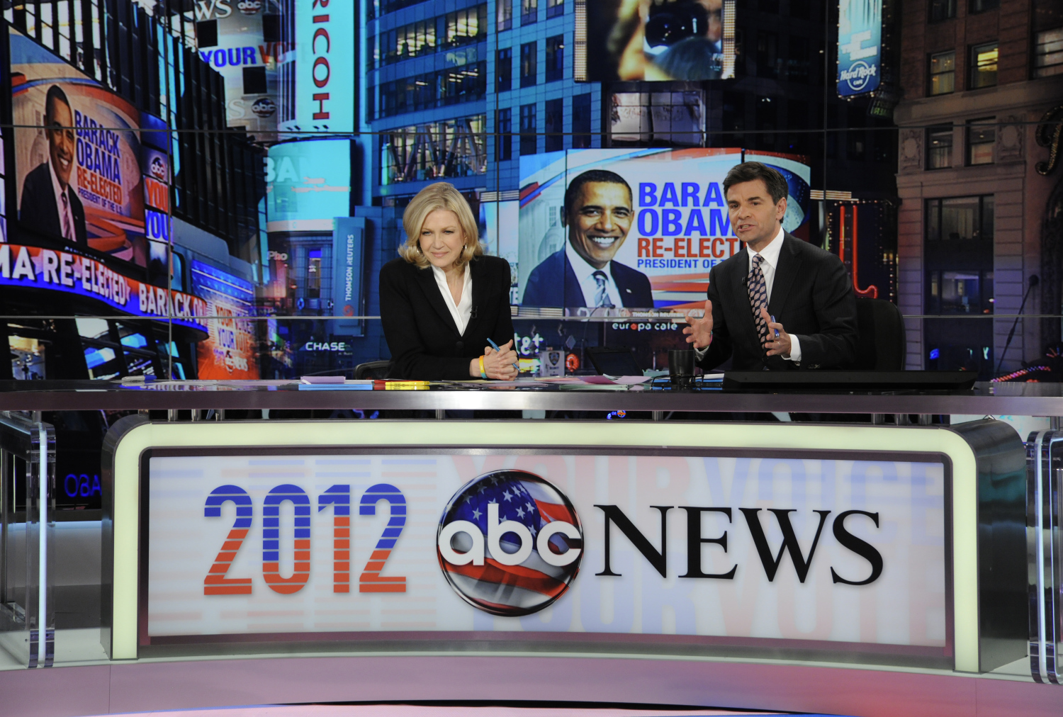 Diane Sawyer, left, and George Stephanopoulos during election night coverage. (AP/ABC, Donna Svennevik)