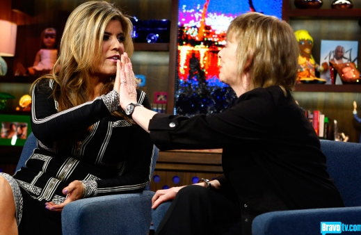 Real Housewife Ana Quincoces and Camille Paglia hanging at the Bravo Clubhouse with Andy Cohen, Thursday. (Bravo TV)