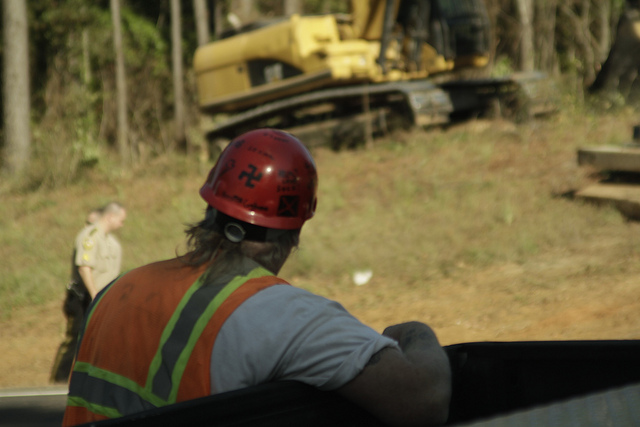 Construction worker's helmet features a Swastika and a Confederate flag (Tar Sands Blockade/Lizzy Alvarado)