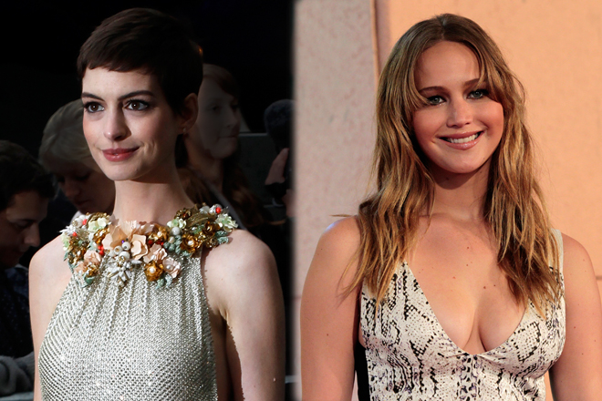 Anne Hathaway and Jennifer Lawrence (Reuters/Andrew Winning/Mario Anzuoni)