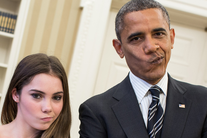 President Obama mimics Olympic gymnast McKayla Maroney's "not impressed" look while greeting members of the 2012 U.S. Olympic gymnastics teams in the Oval Office. (AP/Pete Souza)