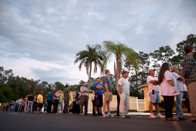 Voters stand in line at a Fort Myers, Fla., church late Tuesday, Nov. 6, 2012. (AP/J Pat Carter)