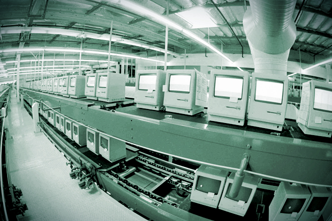 The Apple Computer Inc., manufacturing plant in Milpitas, Calif., producing Macintosh computers, Feb. 24, 1984. (AP/Paul Sakuma, color tint by Salon)