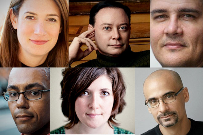 Clockwise from top left: Gillian Flynn, Andrew Solomon, Adam Johnson, Junot Diaz, Claire Vaye Watkins, Victor LaValle