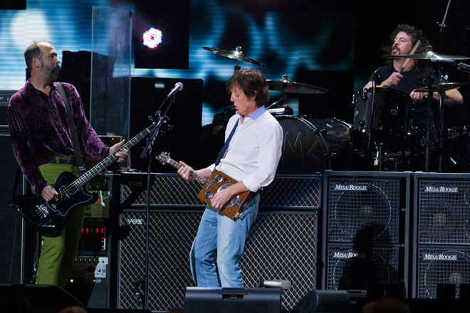 Paul McCartney performs with Kris Novoselic and Dave Grohl during the benefit concert for victims of Superstorm Sandy. (Reuters/Lucas Jackson)