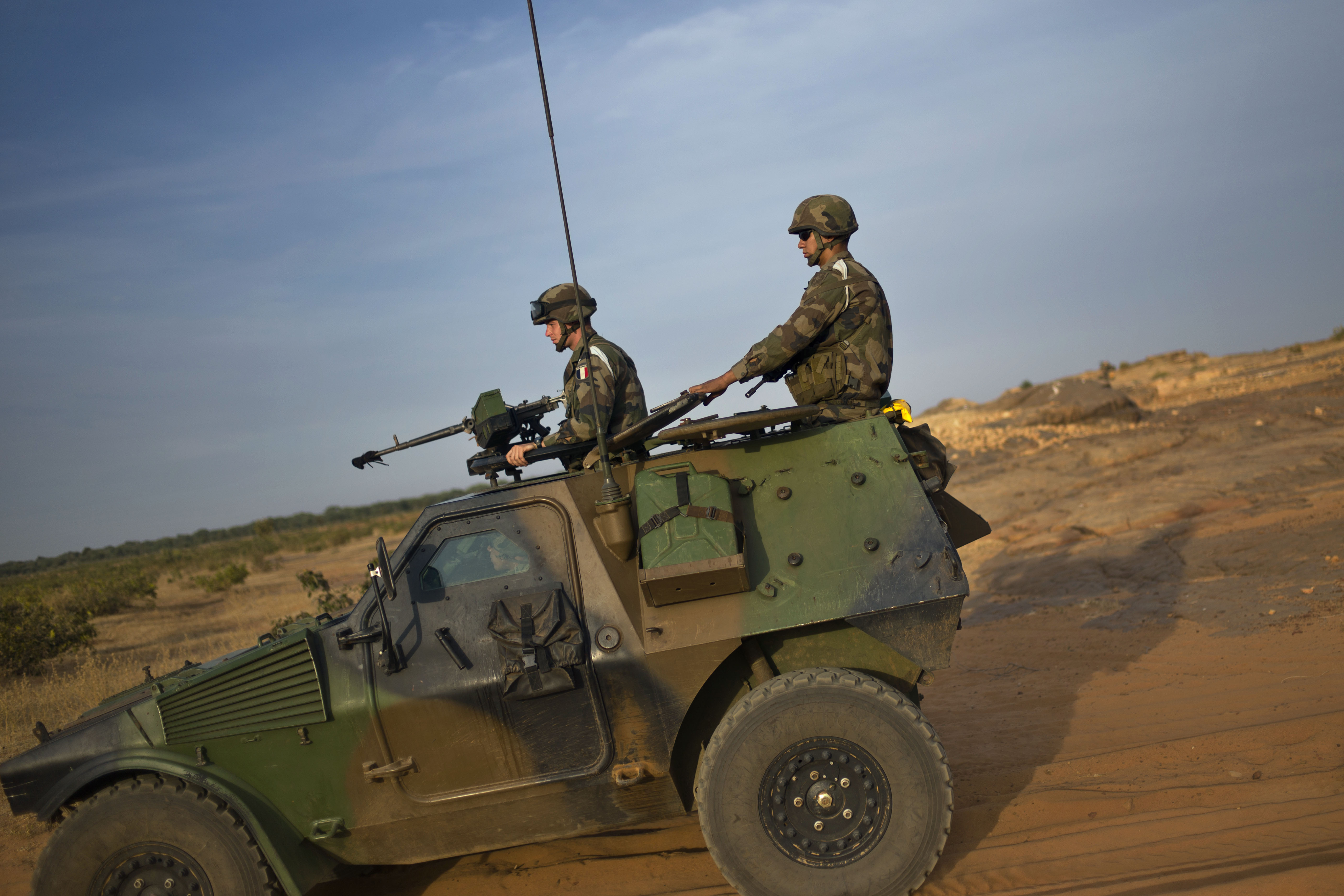 French soldiers patrol in armored vehicles, in the outskirts of Sevare, Mali. (AP/Thibault Camus)