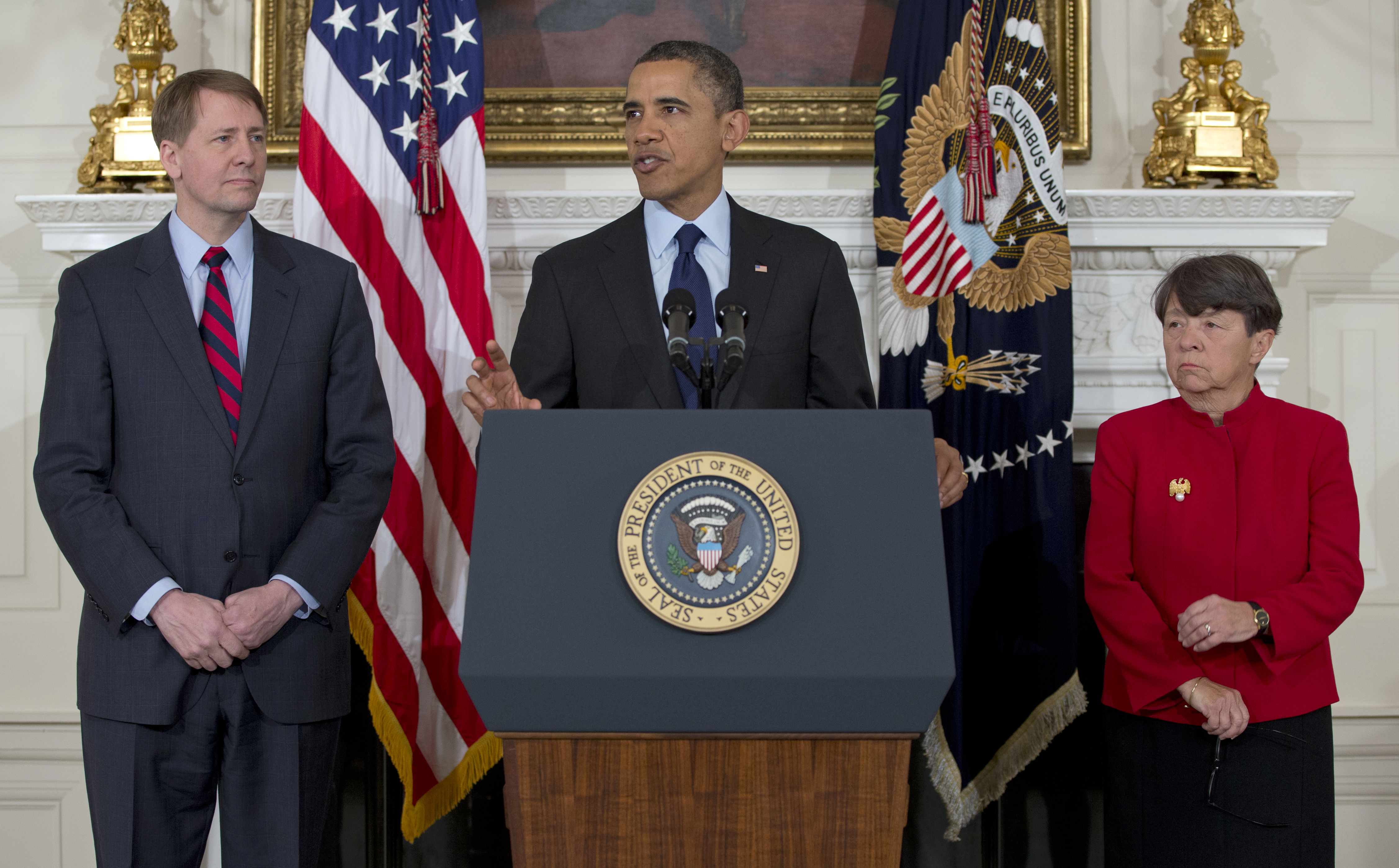 President Barack Obama announces in the State Dining Room of the White House in Washington that he will nominate Mary Joe White, right, to lead the Security and Exchange Commission (SEC). (AP/Carolyn Kaster)