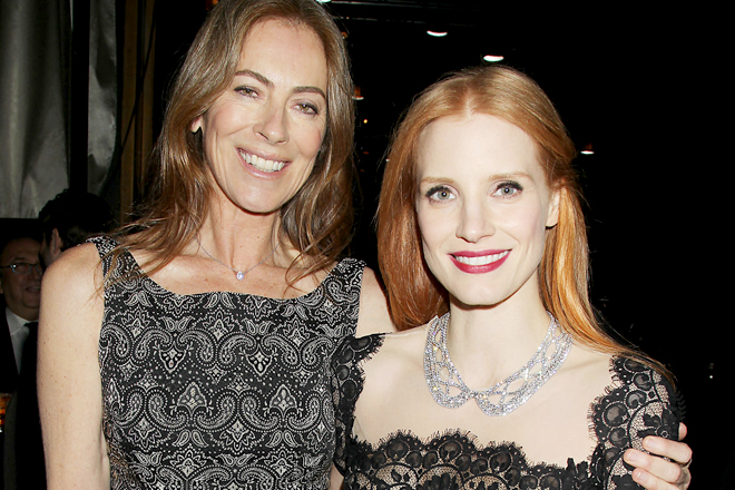 Kathryn Bigelow and actress Jessica Chastain from the film "Zero Dark Thirty," at the New York Film Critics Circle awards dinner, Jan. 7, 2013. (AP/Dave Allocca)