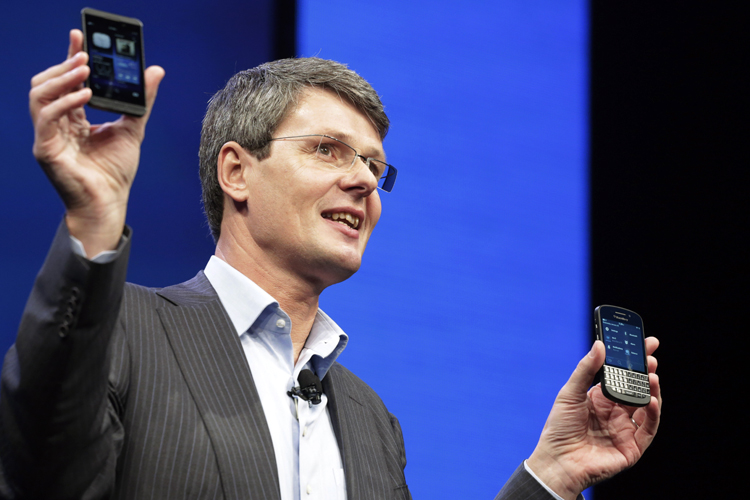 Thorsten Heins, CEO of Research in Motion, introduces the BlackBerry 10, Wednesday, Jan. 30, 2013 in New York. (AP/Mark Lennihan)
