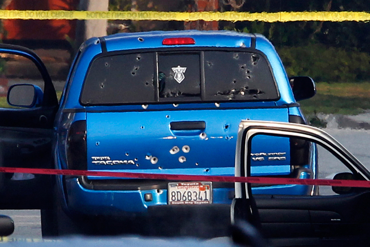 Police opened fire on this vehicle in a case of mistaken identity while searching for former Los Angeles police officer Christopher Jordan Dorner. (Reuters/Patrick Fallon)